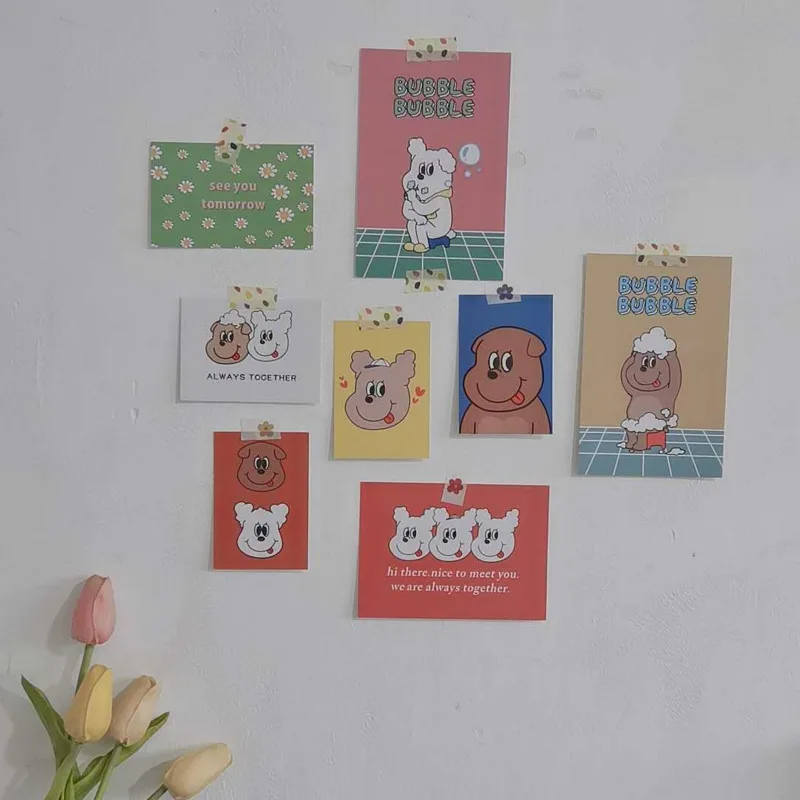 Tarjetas decorativas coloridas y creativas para decoración, pegatinas de pared para fondo de bricolaje, 8 hojas, Postales de cachorro, Ins