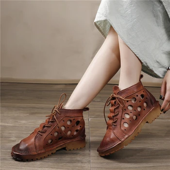 

Women Leather Sandals Boots Brand Shoes Summer Low Heels Lace Up Sandals For Women Handmade Genuine Leather Soft Shoes Retro2020