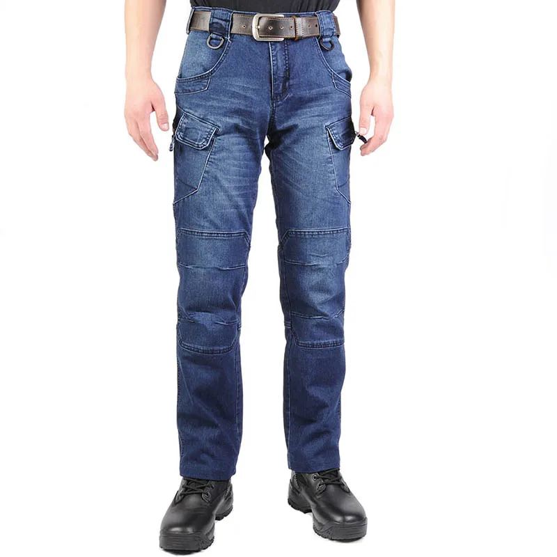 Mcikkny Men's Cargo Casual Jeans Pants With Multi-pockets Motorcycle Denim Trousers Military Style For Men's Outdoor Jeans Blue Mcikkny Men's Cargo Casual Jeans Pants With Multi-pockets Motorcycle Denim Trousers Military Style For Men's Outdoor Jeans Blue