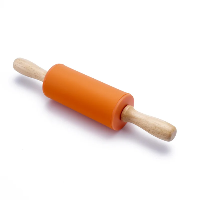 Силиконовая Скалка 4 цвета твердая деревянная ручка с антипригарным роликом ручной Скалка кухонный инструмент для выпечки - Цвет: Orange