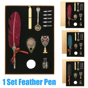 

1 Set Retro Dipped in Water Feather Dip Pen Sets Red/Green/Black Student Calligraphy Writing Quill Fountain Pens Birthday Gift