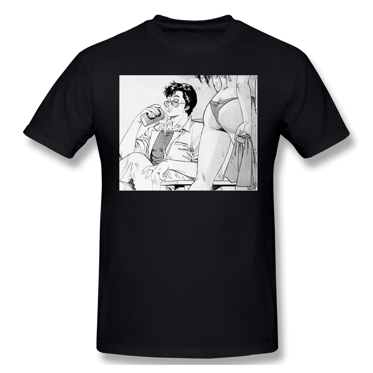 City Hunter T-Shirts for Men Ryo Saeba Pervert Funny Crewneck Cotton T Shirt