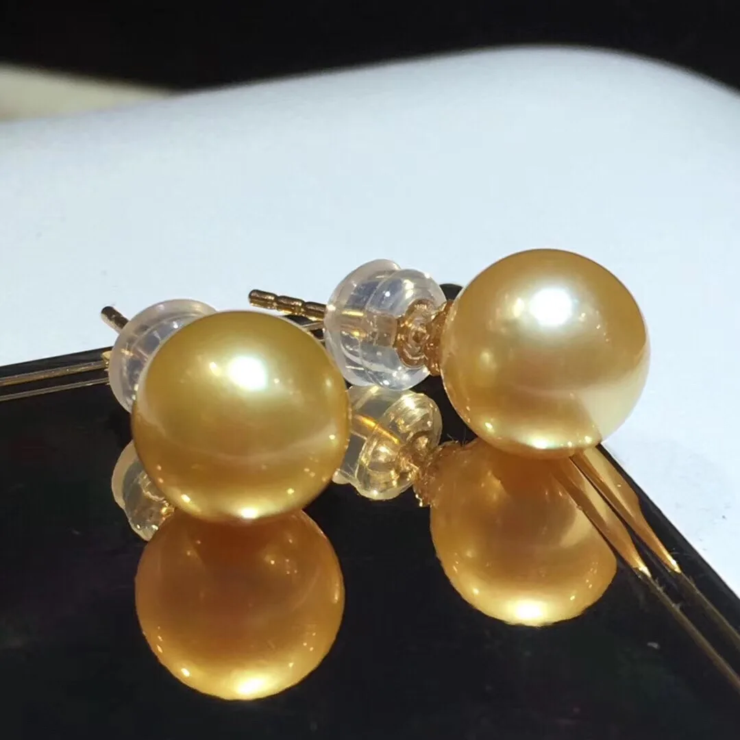 922 Fine Jewelry Pure 18 K Yellow Gold Natural Fresh water Pearl 7-8mm Golden Round Pearl Earrings for Women Fine Pearl Earrings