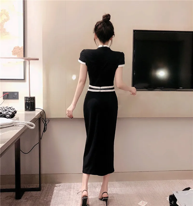Ретро-табличка в китайском стиле, с пряжкой, Cheongsam, сексуальные, открытые, длинные, вечерние, черные, женские, с высокой талией, с короткими рукавами, для ночного клуба