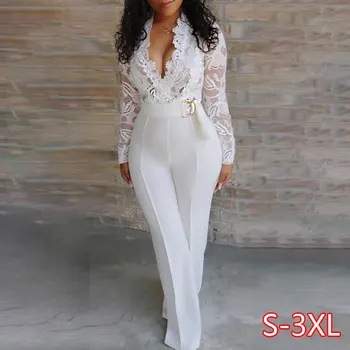 

Women Sexy Elegant Overalls Rompers Patchwork Jumpsuit Female Long Sleeve Lace Overall Trousers Party Playsuit