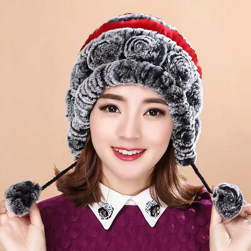 Fashion girl fur cap lady winter natural real rex rabbit fur hat high quality women warm Beanies genuine fur free shipping - Цвет: color 3
