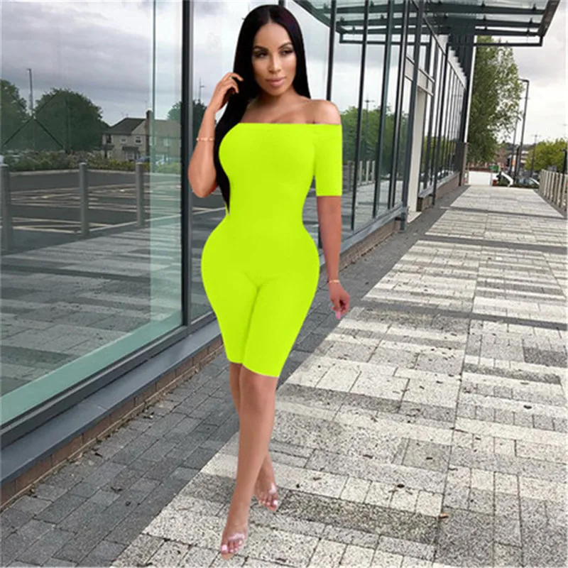 Mono Sexy de Color neón con cuello barco con hombros descubiertos para mujer, peleles de una pieza de manga corta, Bodycon, pantalones cortos de motociclista para verano, 2020