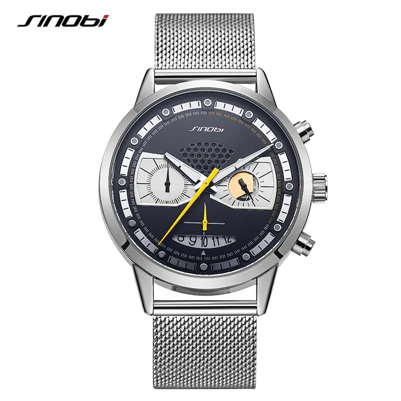 

SINOBI Brand Business Men's Mesh Band Watches 2019 Luxury Waterproof Chronograph Quartz Watch Casual Wristwatch for Men
