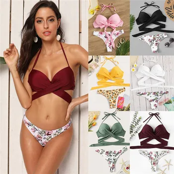 

hirigin Cross-cross Bandage Sexy Flower Bikini Set Women Swimwear 2020 New Halter Padded Push Up Swimming Beachwear Bathing Suit