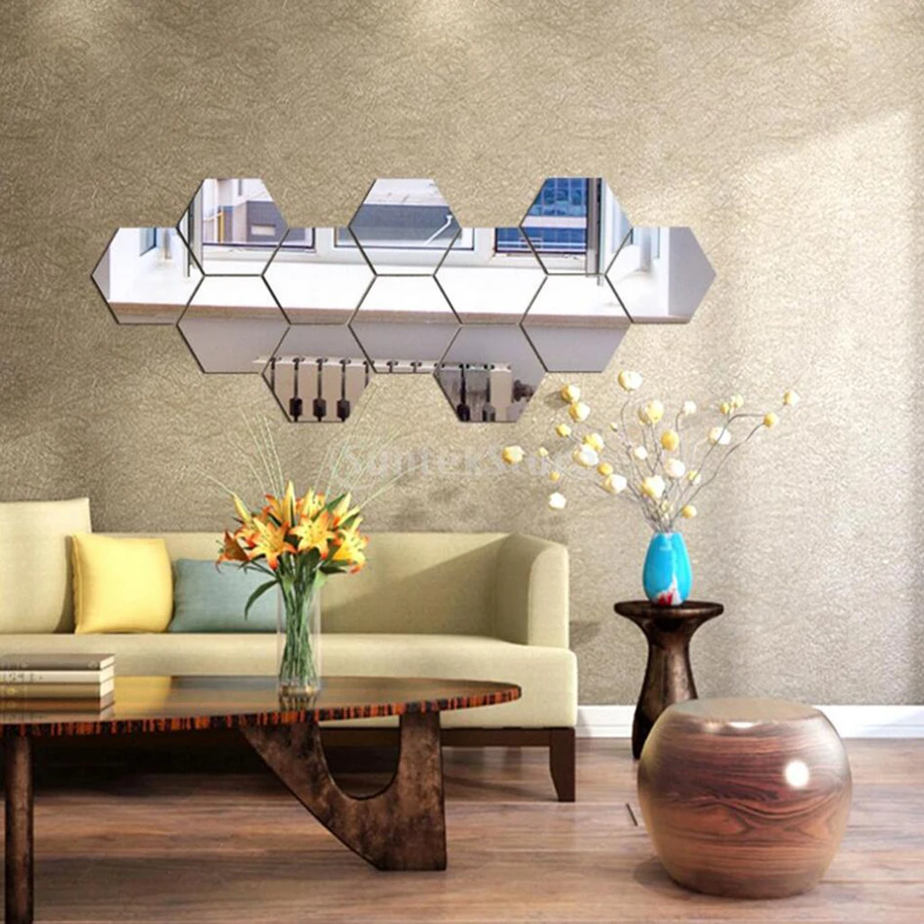 12pcs Mirror Wall Stickers Art Decal Removable Completely Non-toxic and Non-friable Hexagon House Decor
