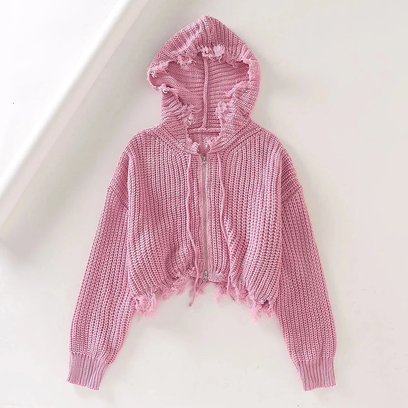 pink CHICEVER Лоскутные вязаные свитера с кисточками для женщин, с капюшоном, с воротником, с длинным рукавом, на шнуровке, необычный свитер для женщин,, осень, Новинка - Цвет: pink