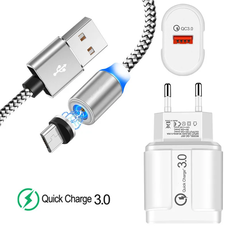 EU charger and cable Для samsung galaxy S3 S4 S6 S7 край A3 A5 J3 J5 J7 A6 A7 QC 3,0 быстрое зарядное устройство для телефона и 1 м Магнитный Micro USB кабель для передачи данных - Тип штекера: EU charger and cable
