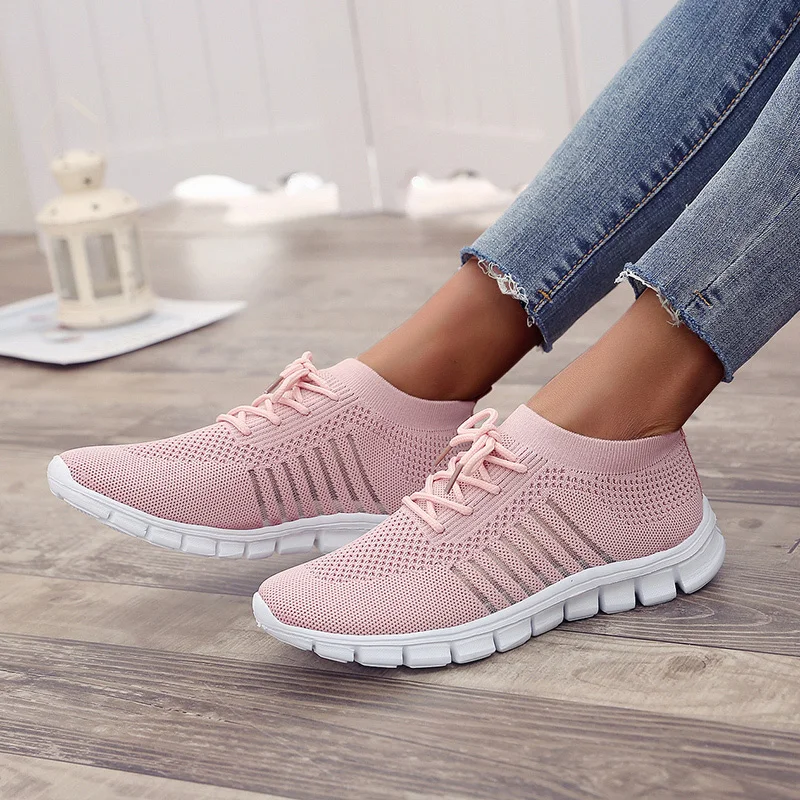 

2020 Sneakers Women Vulcanized Lace Up Woman Flat Round Toe Women's Solid Mesh Female Ladies Shoes Loafer Big Size 43