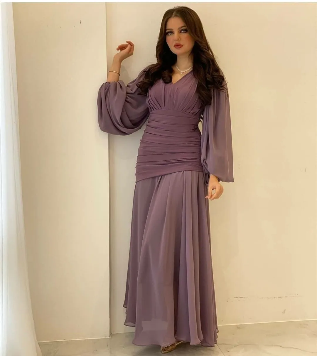

Long Pleated V-Neck Muslim Evening Dresses A-Line Pleated Zipper Back Floor Length Robe De Mariée Party Gowns For Women
