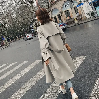 

Casual Solid Long Trench Coat for Women British Full Sleeve Turn-down Collar European Windbreakers Double Breasted Fall Overcoat