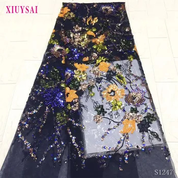 

Latest Navy Blue African French Tulle High Quality Sequins Embroidery Mesh Lace Fabric For Wedding Party SL1247