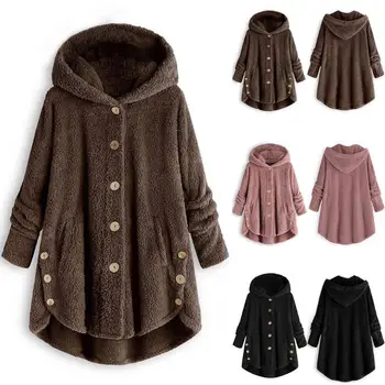 

Simple Plus Size Hoodies Ladies Solid Color Overcoat Irregular Long Sleeve Button Coat Casual Women Loose Pocket Outwea