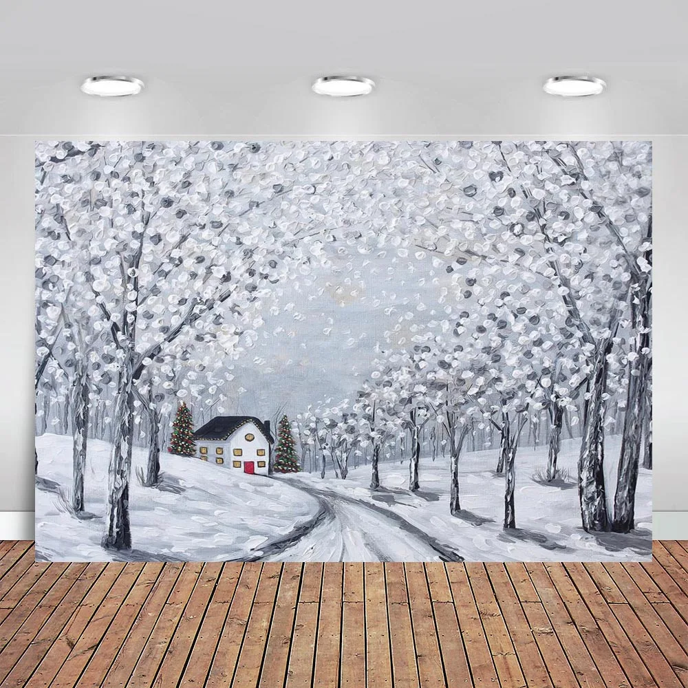 

Christmas Backdrop Vinyl Photography Background Christmas Winner Snow Trees Road House Children Backdrops for Photo Studio