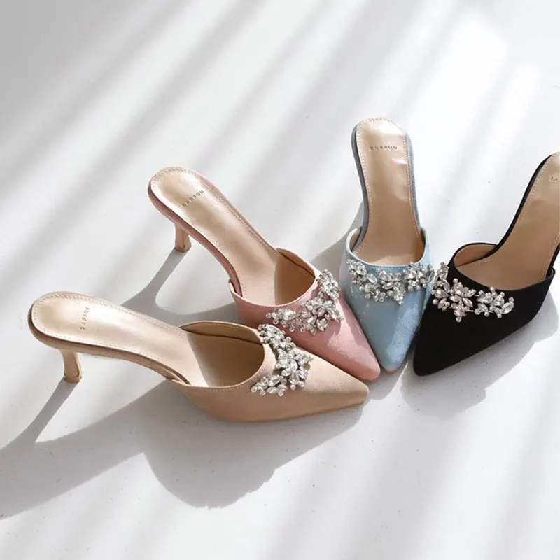 

Lazy half drag single shoes women's high spring and summer leather water drill web celebrity pointed mueller shoes wear outside
