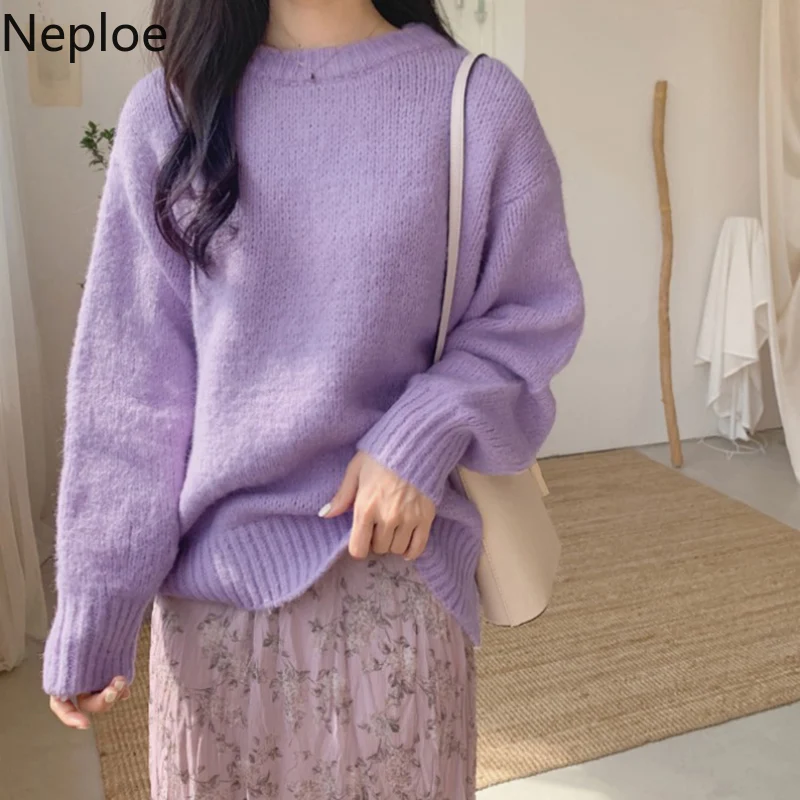 Neploe, шикарный, Ретро стиль, свободный, безумный стиль, пуловер, свитер, женский, о-образный вырез, длинный рукав, однотонный, вязаный, Pull Femme, теплая верхняя одежда, Sueter 47863