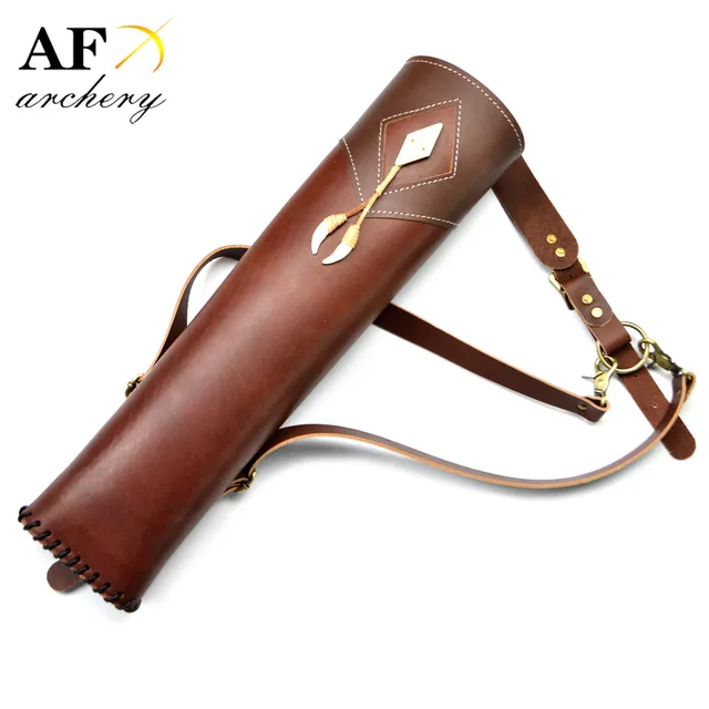 US $58.32 Hand Crafted three point shoulder back Head Layer Cowhide Leather Archery Quiver Brown hold