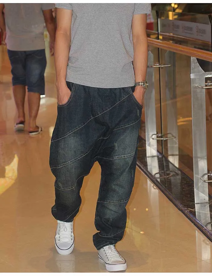 Свободные мешковатые джинсы-шаровары, мужские Модные Лоскутные хип-хоп джинсовые штаны с низкой промежностью, брюки с эластичной резинкой на талии, модные штаны для бега, одежда