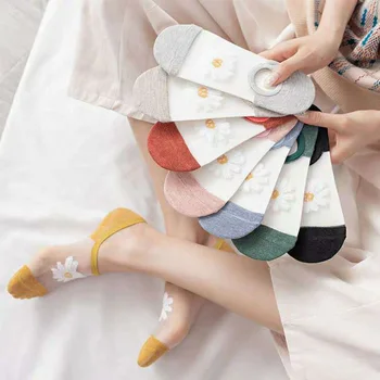 

New Ultra- Thin Silk Socks For Women Spring Summer Cute Daisy Short Socks Shallow Invisiable Mesh Transparent meias mulher