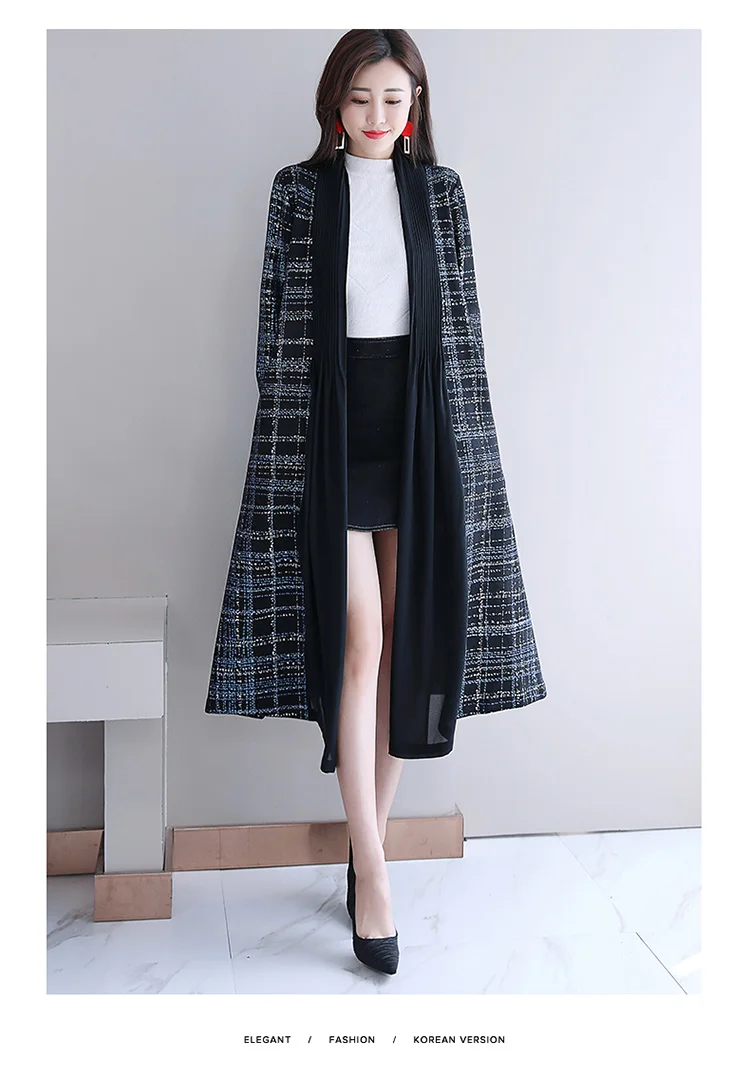 Fashion Casual Mantle Spring And Autumn New Style Plaid Trench Coat Women's Long Outdoor Shawl Coat over-the-Knee Korean-st