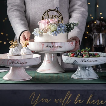 

Nordic Ceramic Afternoon Tea Dessert Cake Tray Household Marble Grain High Fruit Dessert Plate Round Wedding Party Dessert Table