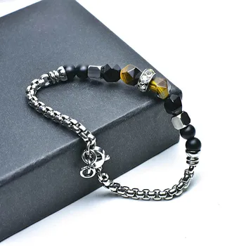 New 2020 Adjustable Natural Tiger Eye Stone Bead Bracelet Men Stainless Steel Bracelet for Men Gift for Him Pulseira Masculina