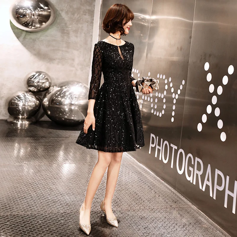

Black And White with Pattern Evening Gown Women's 2019-Style Banquet Short French Dress Annual General Meeting Dress Debutante D