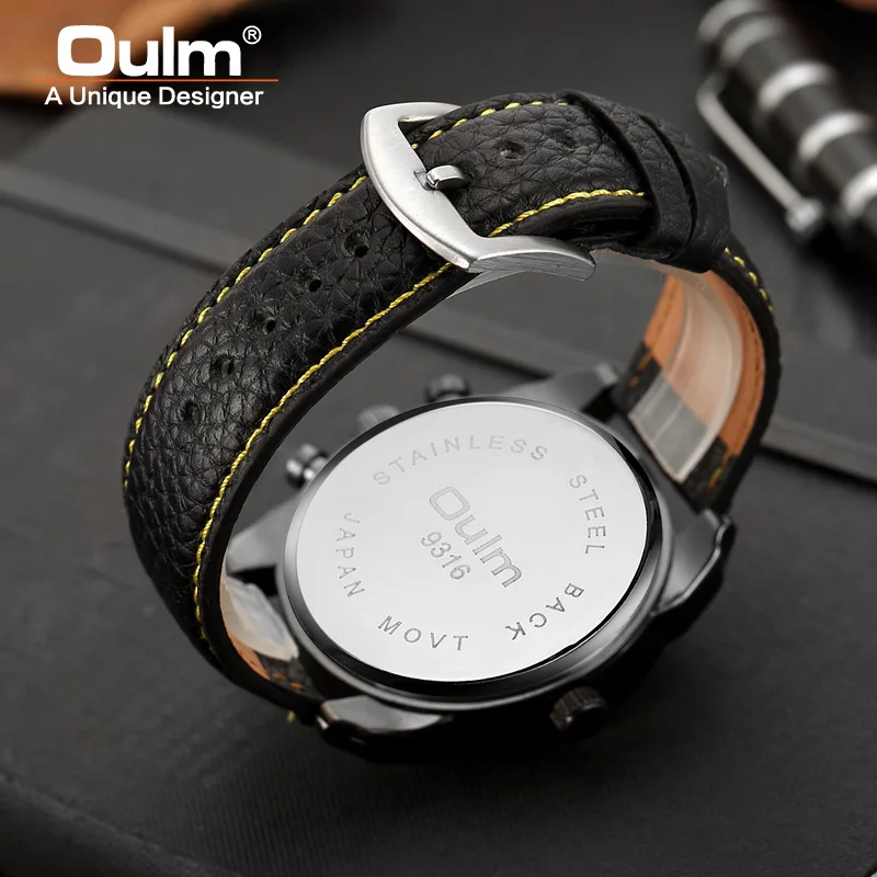 Oulm Мужские повседневные спортивные часы Уникальный дизайн большие часы мужской кожаный ремешок кварцевые часы с двойным часовым поясом Мужские Роскошные наручные часы