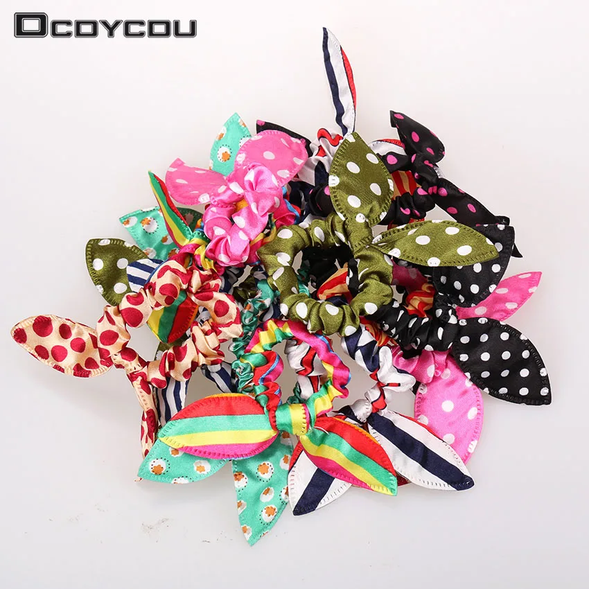 

12pcs/lot Original Head Flower Hair Accessories Headdress Korea Trinkets Rabbit Ears Fabric Polka Dot Rubber Band Hair Rope Ring