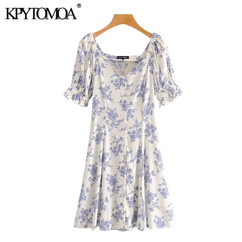 KPYTOMOA Women 2020 Chic Fashion Floral Print Button-up Mini Dress Vintage V Neck Short Sleeve Female Dresses Vestidos Mujer KPYTOMOA Women 2020 Chic Fashion Floral Print Button-up Mini Dress Vintage V Neck Short Sleeve Female Dresses Vestidos Mujer