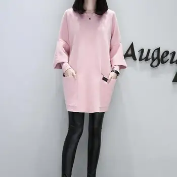 

New Arrival Women Loose Stitching Long-sleeved Jacket Long Solid Color Shirt Round Neck Hoodies Plus Size