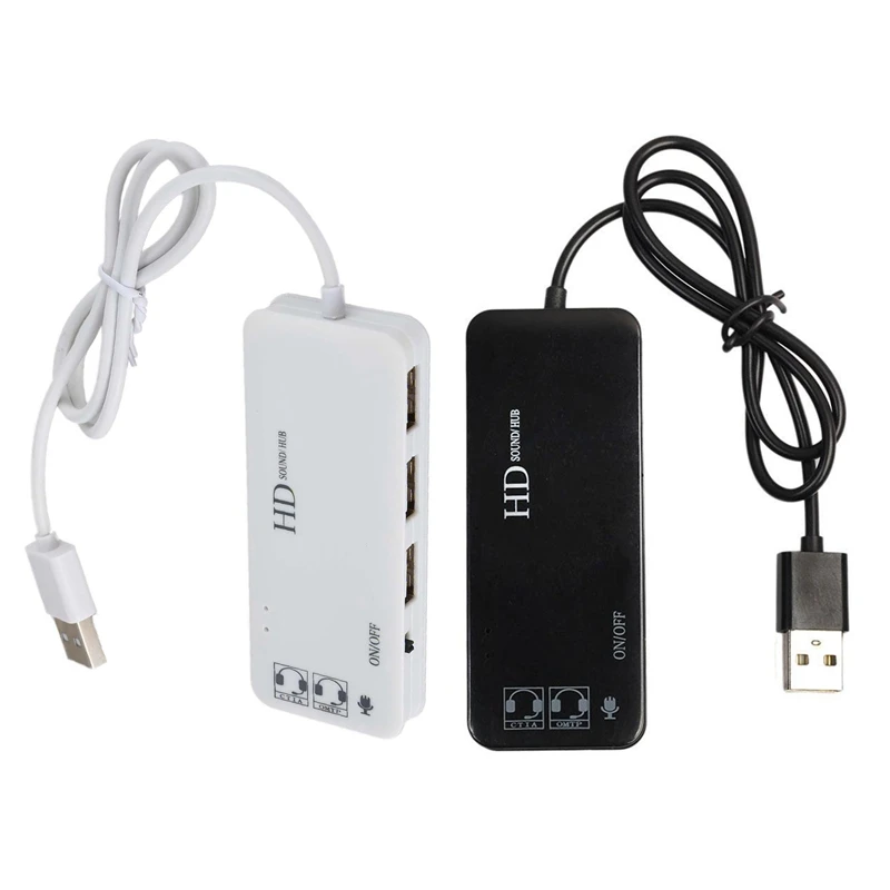 2Pcs 3 Port Usb 2.0 Hub External 7.1Ch Sound Card Headset Microphone Adapter for Pc - White &amp Black | Компьютеры и офис