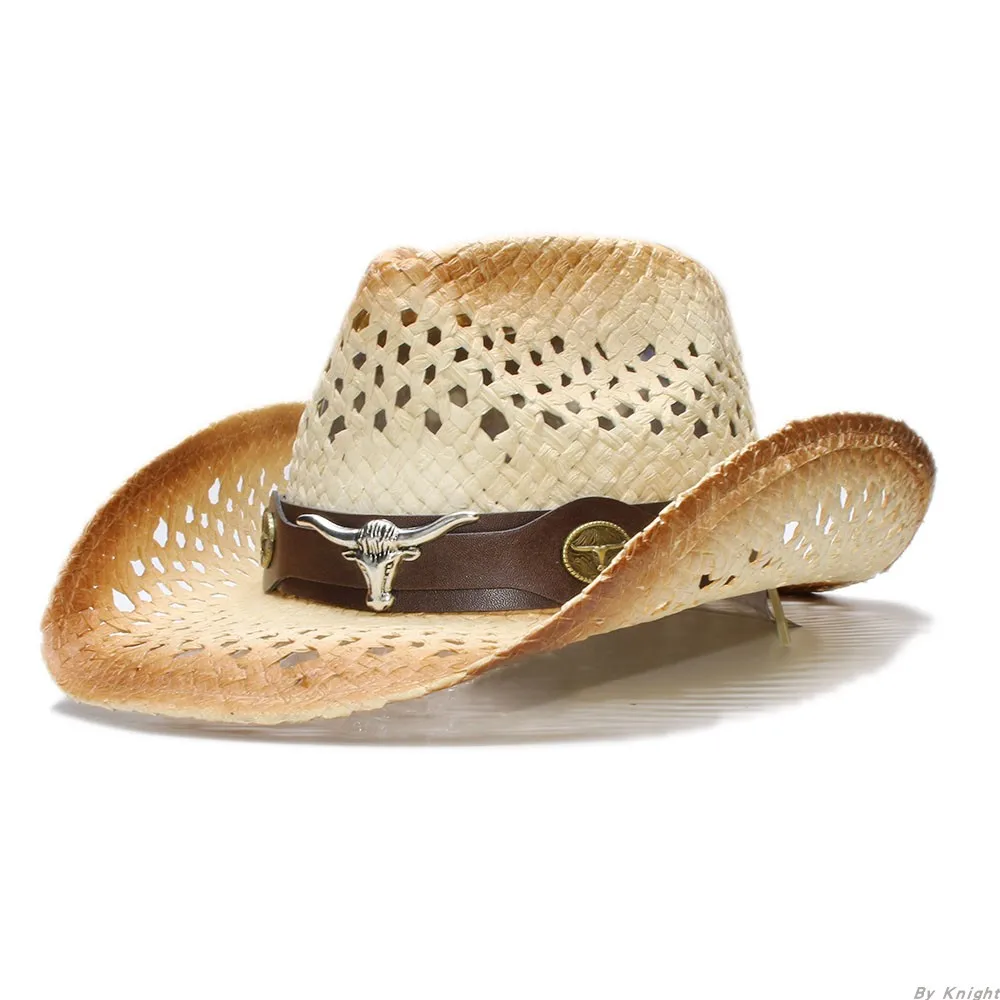 

A176 Adult Retro Summer Sun Hat Men and Women Raffia Sunscreen Hats Width Brim Sun Beach Hollow Out Cowboy Caps Adjust Size