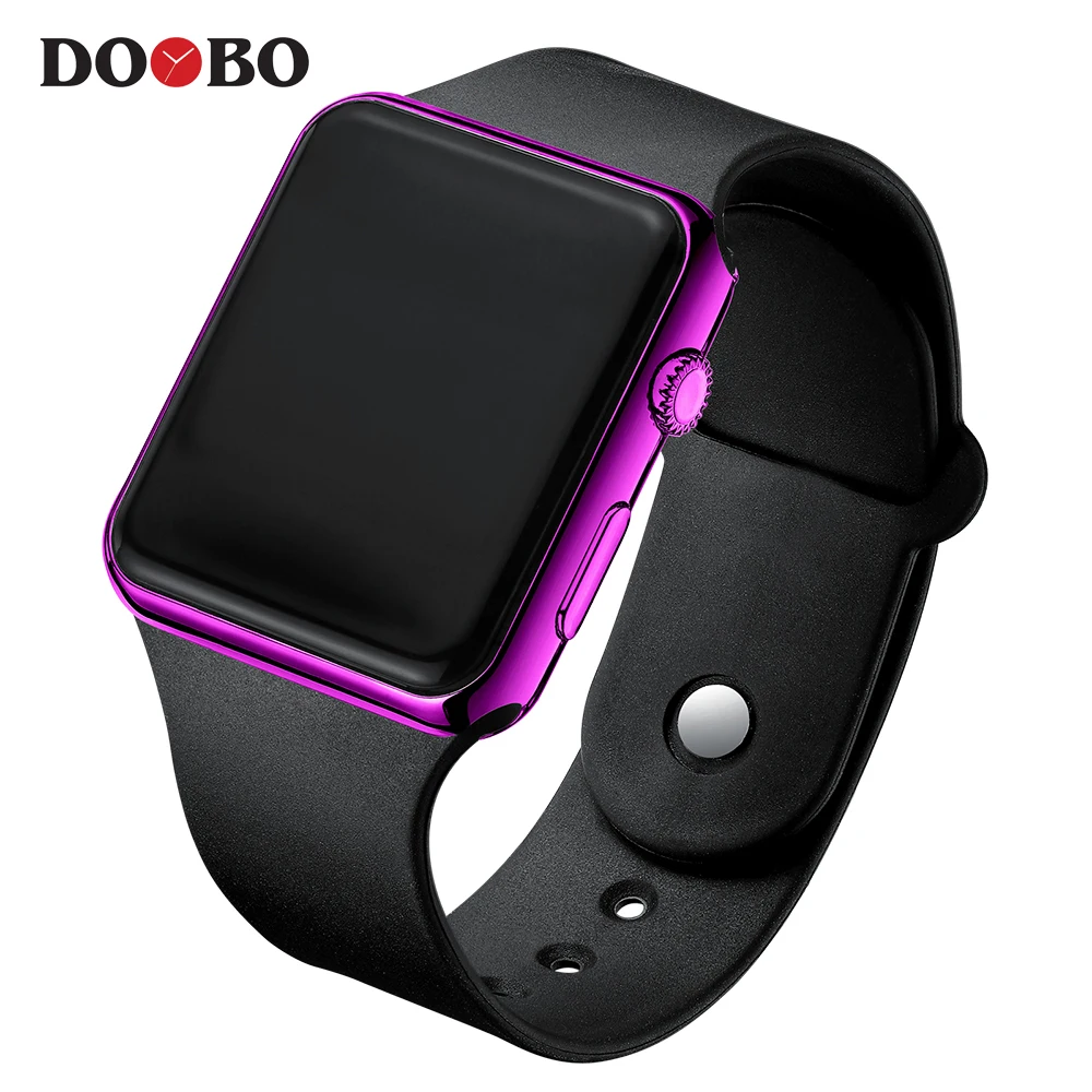 Лидирующий бренд, квадратные зеркальные цифровые часы с силиконовым ремешком, Красный светодиодный цифровой часы, мужские женские наручные часы, спортивные часы для мальчиков - Цвет: Black Purple