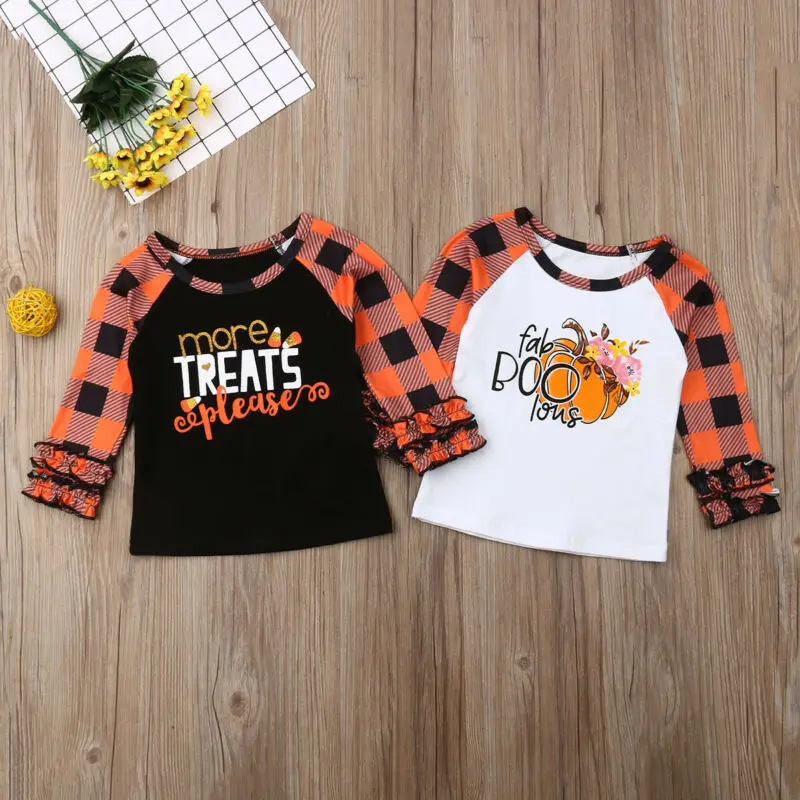 

Baby Girl T-Shirts 2019 Casual Halloween Toddler Baby Girls Ruffle Plaids Pumpkin Print Tops T-shirt Clothes