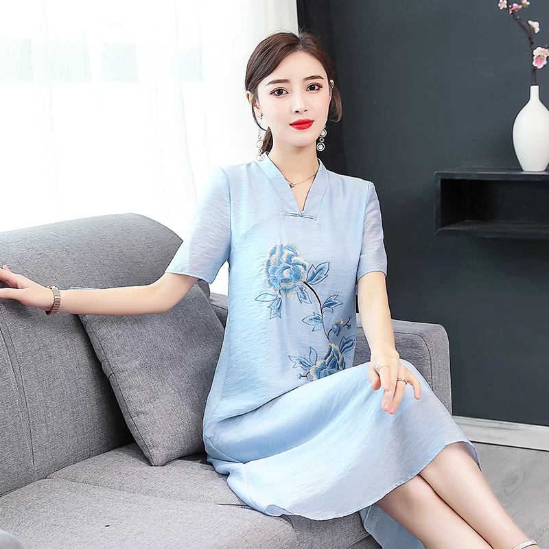 

Large size M-3XL 2019 Summer and autumn new Hanfu elegant temperament Tencel solid color flower embroidery loose dress
