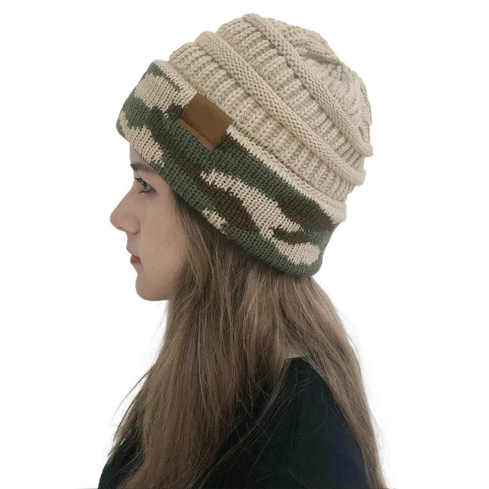 New Fashion Woman Winter Warm Hat Knit Thick Camouflage Stitching Hat Cashmere Beanies Unisex Accessories Cap