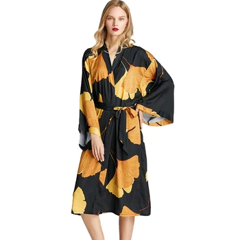 

Autumn Women Sleep Pajama Sets Polyester Rayon Imitation Silk Print Thin Sexy Bathrobe Home Casual Maple Leaf Plus Nightdress