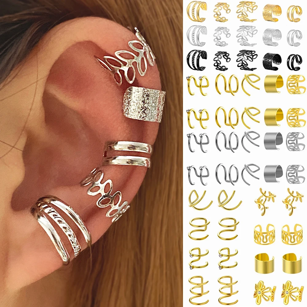 Ear Clip Earrings Gold Color Star Leaves Ear Cuff Black Non-Piercing Ear Clips Fake Cartilage Earrings Clip Earrings For Women Jewelry