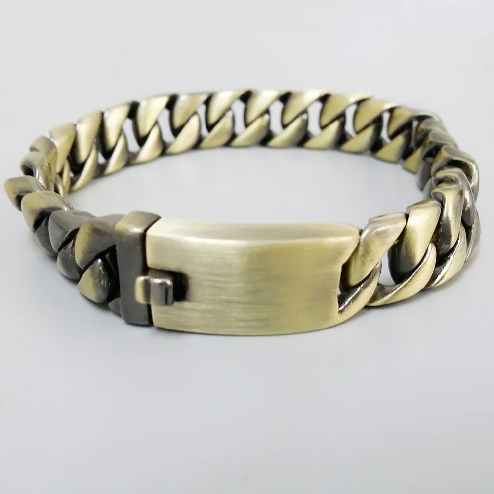 Новые винтажные мужские браслеты из нержавеющей стали с зеленым бронзовым браслетом 12 мм с широкой цепочкой, байкерские ювелирные изделия, мужские браслеты 8,5"