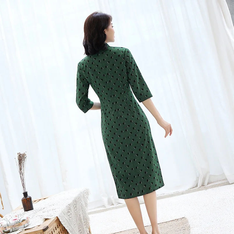 Зеленое Женское Платье До Колена Cheongsam модное китайское стильное весеннее хлопковое платье Qipao тонкое вечернее платье на пуговицах Vestido M-3XL