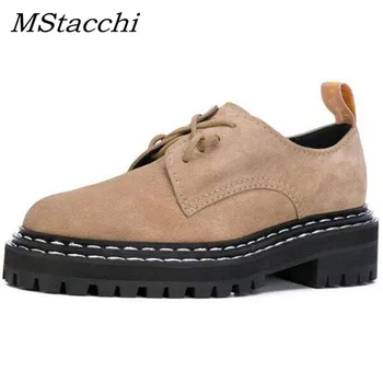 

MStacchi 2020 Spring Women Shoe Woman Genuine leather Lace-Up Shallow Casual Shoes Ladies Thick Bottom Square Heel Platform Boot
