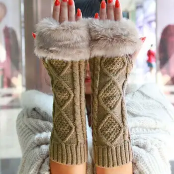 

11.11 Women Solid Color Fingerless Long Knitted Gloves Faux Fur Arm Sleeves Warmers Soft Comfort Streetwear Christmas gift 2019