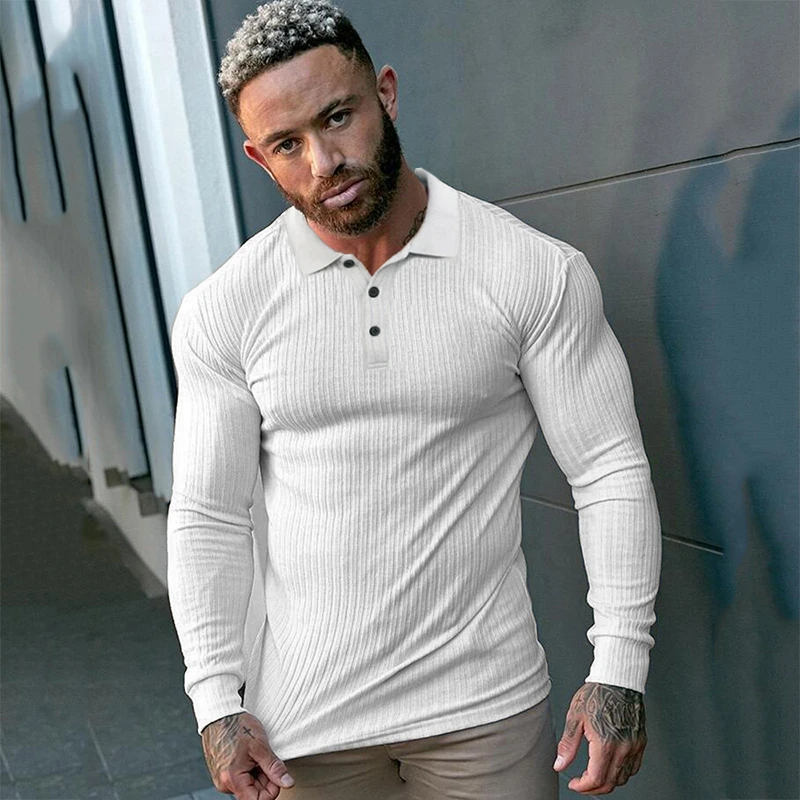 Frühling Herbst Mode Männer Langarm Gestrickte Polo-Shirt Fitness Kleidung Slim Fit Streifen Polo T-shirt Männlich Marke Gym Tees Tops – Detail 8