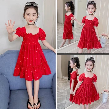 

Girls Dresses Summer New Kids Girls Slim Chiffon Dress Teenager Tulle Princess Vestido Kids Clothing Floral Print Child Dress