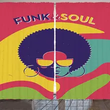 Vintage cortinas de ventana Groovy Funk y Soul Event Flyer impresión con un fresco Fiesta Disco música discos de vinilo sala de estar dormitorio